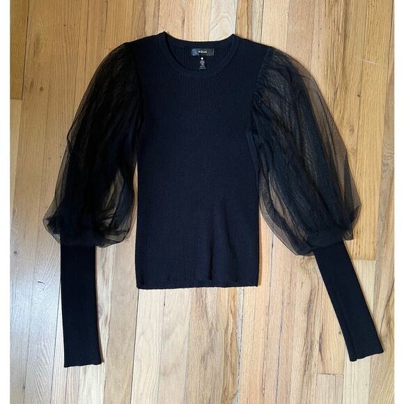 Aqua Chiffon Balloon Sleeve Sweater Black Women's S Double Sheer Shirt Blouse - Picture 5 of 13